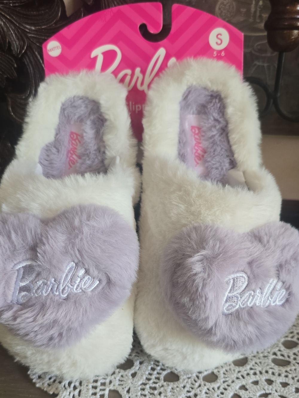 Barbie Cream and Light Purple Heart Fuzzy Slip-On Slippers